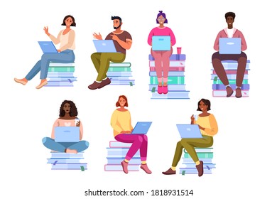 Vector multinational student collection with diverse young people sitting on books learning online. Freelance set with smiling men and women isolated on white. Diverse student education illustrations 