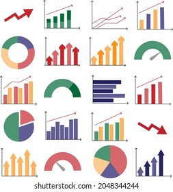 Vector of multiple colorful business charts including pie charts, bar charts and dials showing progress. Charts in straight lines. Measurement, data, reporting. Business, finance. 