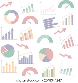Vector of multiple colorful business charts including pie charts, bar charts and dials showing progress. Charts in abstractly placed. Background. Measurement, data, reporting. Business, finance. 