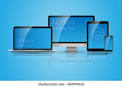 Vector multiple devices. Ultimate web design electronic devices. mockup vector illustration smartphone and tablet pad. laptop and tablet computer.