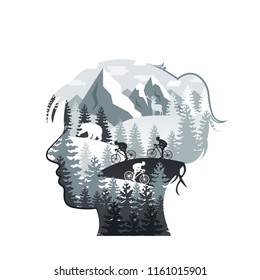 Vector multiple exposure illustration of woman head silhouette with forest, mountain rocks, bear, deer, mountain bikers. Ecology and nature protection concept.