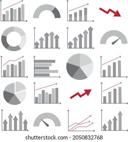 Vector de varios gráficos de negocio de escala gris, incluidos gráficos circulares, gráficos de barras y gráficos que muestran el progreso. Medición, datos, notificación. Negocios, finanzas. 