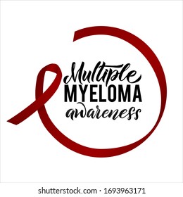 Diseño de afiches de caligrafía para conciencia sobre mieloma múltiple vectorial. Tirar la cinta roja borgoña. Marcha es el Mes de Concienciación sobre el Cáncer.