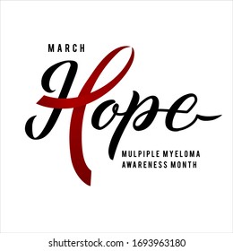 Vector Multiple Myeloma Awareness Calligraphy Poster Design. Stroke Burgundy Red Ribbon. March is Cancer Awareness Month.