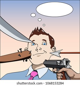 Vector multiple weapons pointing at a businessman