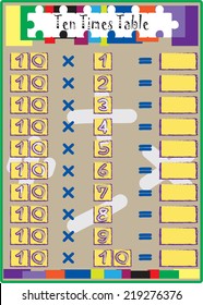 Vector of a multiplication math test of ten multiply times table.