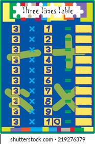 Vector of a multiplication math test of three multiply times table.