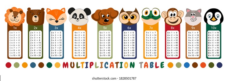 Vector multiplication table. Children's design. Printable bookmarks or stickers with cute animals (bear, penguin, lion, fox, panda, dog, owl, frog, monkey, cat)
