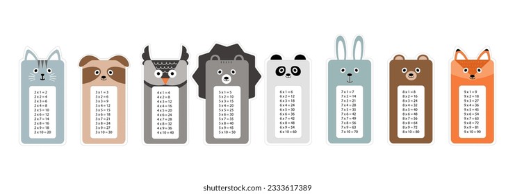 Vector multiplication table. Children's design. Printable bookmarks or stickers with cute animals (car, dog, owl, hedgehog, panda, rabbit, bear, fox). Vector illustration