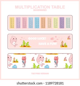 Vector multiplication table. Printable bookmarks or stickers with Multiple tables. Kids design, cute dolphins and seaweeds. Home or school class visual, teaching aid 