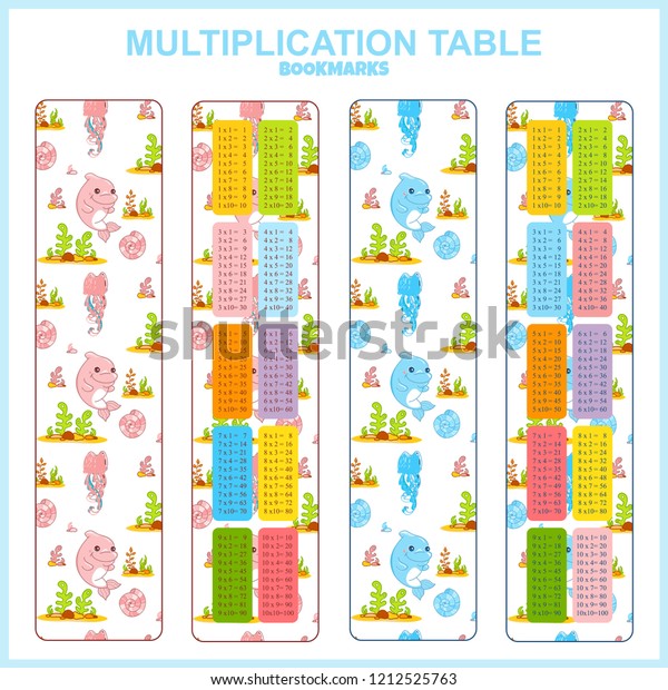 Vector multiplication table.\
Printable bookmarks or stickers with Multiple tables. Kids design,\
cute dolphins and seaweeds. Home or school class visual, teaching\
aid 
