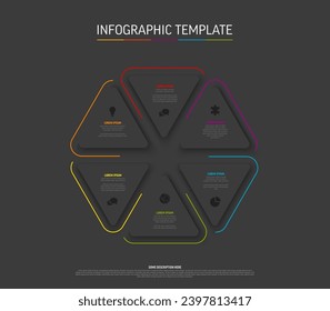 Plantilla de infografía oscura multipropósito vectorial con título y seis elementos opciones en formas triples y colores modernos en fondo gris oscuro con iconos