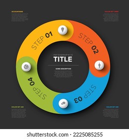 Vector multipurpose Infographic cycle template with four spehre elements options on a dark gray  background with icons and steps descriptions