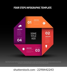 Vector multipurpose Infographic cycle template made from red stripes in square shape with four red step blocks on a dark gray background with numbers text and icons