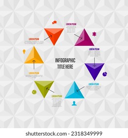 Plantilla de ciclo infográfico vectorial multipropósito con opciones de título y seis elementos y colores modernos en un fondo blanco con iconos y flechas de triángulo de pirámide grande en ciclo