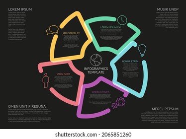 Vector multipurpose Infographic dark template made from five pie chart pieces, icons and short descriptions. Minimalistic thick marker infograph layout template with five elements on black