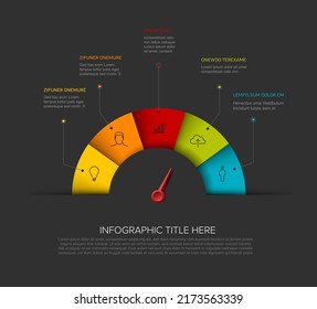 Vector multipurpose Infographic indicator meter template with five elements, description, numbers, icons and needle pointer. Simple dark infograph template