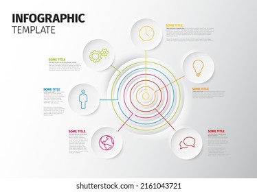 Vector multipropósito Plantilla de informe Infográfico hecha de iconos de líneas con círculos plantilla infocahart de destino con varios elementos con iconos y descripción