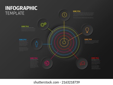 Vector multipropósito Plantilla de informe Infográfico hecha a partir de iconos de líneas con círculos plantilla infocahart de destino con varios elementos con iconos y descripción en fondo oscuro