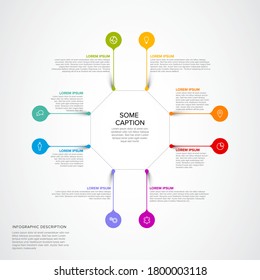 Vector multipropósito Plantilla infográfica con ocho clavijas coloridas con iconos y textos descriptivos