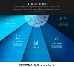 Vector multipurpose Infographic template with five elements, description, numbers and icons on fan blue papers with white center and dark footer. Simple infograph template