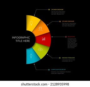 Vector multipurpose Infographic template with five elements, description, numbers and icons on fan colored paper with white center. Simple dark infograph template