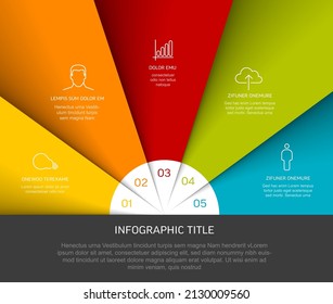 Vector multipurpose Infographic template with five elements, description, numbers and icons on fan colored paper with white center and dark footer. Simple infograph template