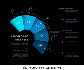 Vector multipurpose Infographic template with five elements, description, numbers and icons on diagonal fan blue colored papers with black center. Simple infograph template