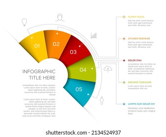 Vector multipurpose Infographic template with five elements, description, numbers and icons on diagonal fan colored papers with white center. Simple infograph template