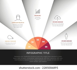 Vector multipurpose Infographic template with five elements, description, numbers and icons on fan white papers with red center and dark footer. Simple infograph template