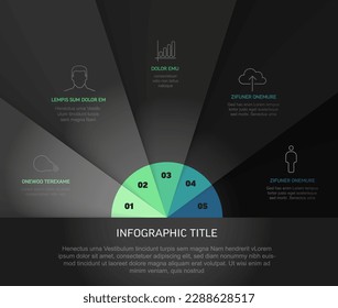 Vector multipurpose Infographic template with five elements, description, numbers and icons on fan black papers with red center and dark footer. Simple infograph template