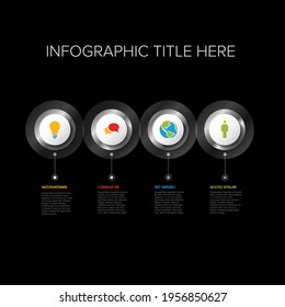 Vector multipurpose Infographic template with four elements options - premium metallic silver  version on a dark background. Four silver infochart template with color icons