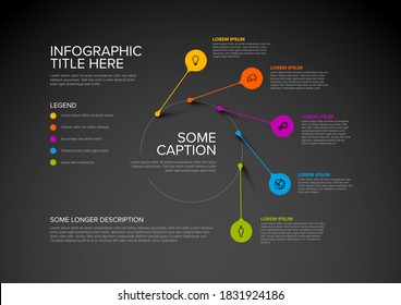 Vector Multipurpose Infographic Template Made From Pointers On Circle Path With Icons, Descriptions And Legend - Dark Version