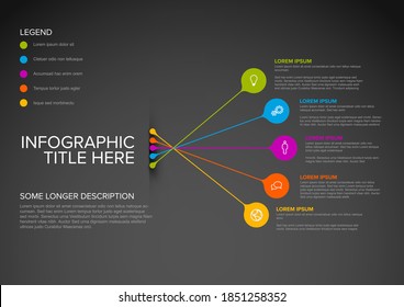 Vector Multipurpose Infographic Template Made From Pointers With Icons, Descriptions And Legend - Dark Version