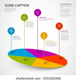 Vector multipurpose Infographic template made from droplet pointers on pie chart with icons, descriptions and legend