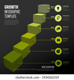 Vector multipurpose Infographic template made from green droplet pointers on square bar levels growth stairs chart with icons, descriptions and legend - dark background version with green accent