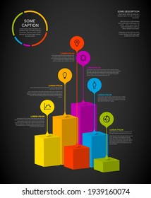 Vector Multipurpose Infographic Template Made From Droplet Pointers On Vivid Color Bar Columns Chart Bars With Icons, Descriptions And Legend. Colorful Infochart Graph Template With Descriptions.