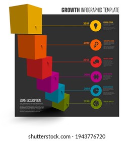 Vector multipurpose Infographic template made from color droplet pointers on square bar levels growth stairs chart out of the box  with icons, descriptions and legend - dark background version