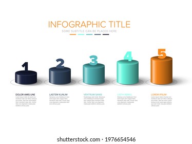 Vector multipurpose Infographic template made from color cylinder steps growing levels stairs chart with numbers descriptions and legend - light background version with 5 steps elements