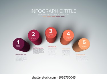 Plantilla de infografía de vectores multipropósito hecha a partir de la gráfica de cinco pasos de cilindro de color con descripciones de números y leyenda - versión de fondo claro con 5 elementos de pasos