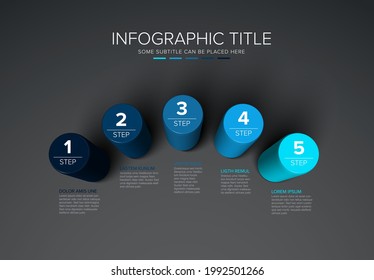 Vector Multipurpose Infographic Template Made From Five Color Cylinder Steps Chart With Numbers Descriptions And Legend - Dark Background Version With 5 Blue Steps Elements