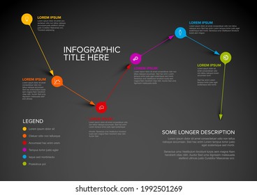 Vector multipurpose Infographic template made from pointer pins on abstract path with icons, descriptions and legend. Point to point path with arrow pin pointers and text elements on dark background