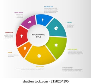 Vector multipurpose Infographic template made from seven  pie chart pieces, icons and short descriptions. Minimalistic  infograph layout template with seven elements