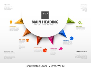 Vector multipropósito plantilla Infográfica hecha de un círculo de grandes títulos seis flechas y elementos coloridos con descripción de título e iconos. Plantilla de gráfico de información de seis elementos multipropósito