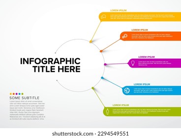 Plantilla Infográfica de multipropósito vectorial hecha de título en círculo grande y cinco elementos de color en rayas largas con títulos y descripciones de iconos. Plantilla de gráfico de información multipropósito