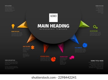 Vector multipropósito plantilla Infográfica hecha de un círculo de grandes títulos seis flechas y elementos coloridos con descripción de título e iconos. Plantilla de gráfico de seis elementos multipropósito sobre fondo oscuro