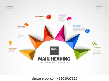 Vector multipropósito plantilla Infográfica hecha de un círculo de grandes títulos seis flechas y elementos coloridos con descripción de título e iconos en la parte inferior. Plantilla de gráfico de información de seis elementos multipropósito