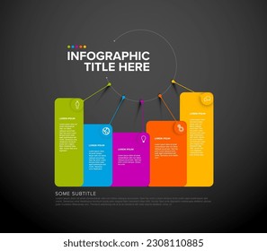 Vector multipurpose Infographic template made from title in big circle and five color block items  with icons titles and descriptions. Multipurpose dark infochart template