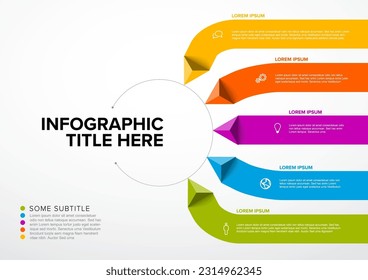 Plantilla de infografía vectorial multipropósito hecha a partir de título en círculo grande y cinco elementos de flecha piramidal de color en rayas largas con títulos y descripciones de iconos. Plantilla de gráfico de información multipropósito