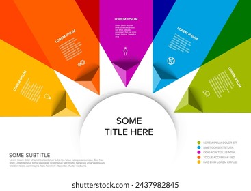 Vector multipurpose Infographic template made from title in big circle and five color pyramid arrow items with icons titles and descriptions. Multipurpose infochart template